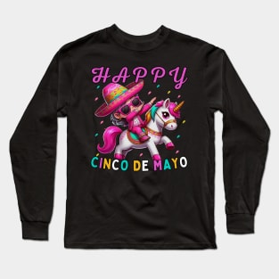 Dabbing girl Dancer on Unicorn Back Happy Cinco de Mayo wearing sunglasses Long Sleeve T-Shirt